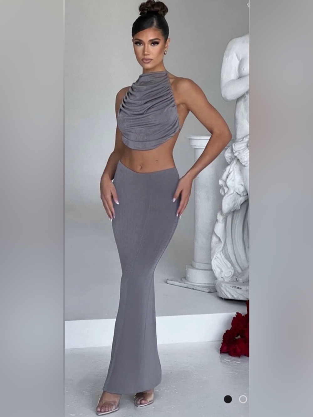Chic Slate Ruched Halter Crop Top & Maxi Skirt Set